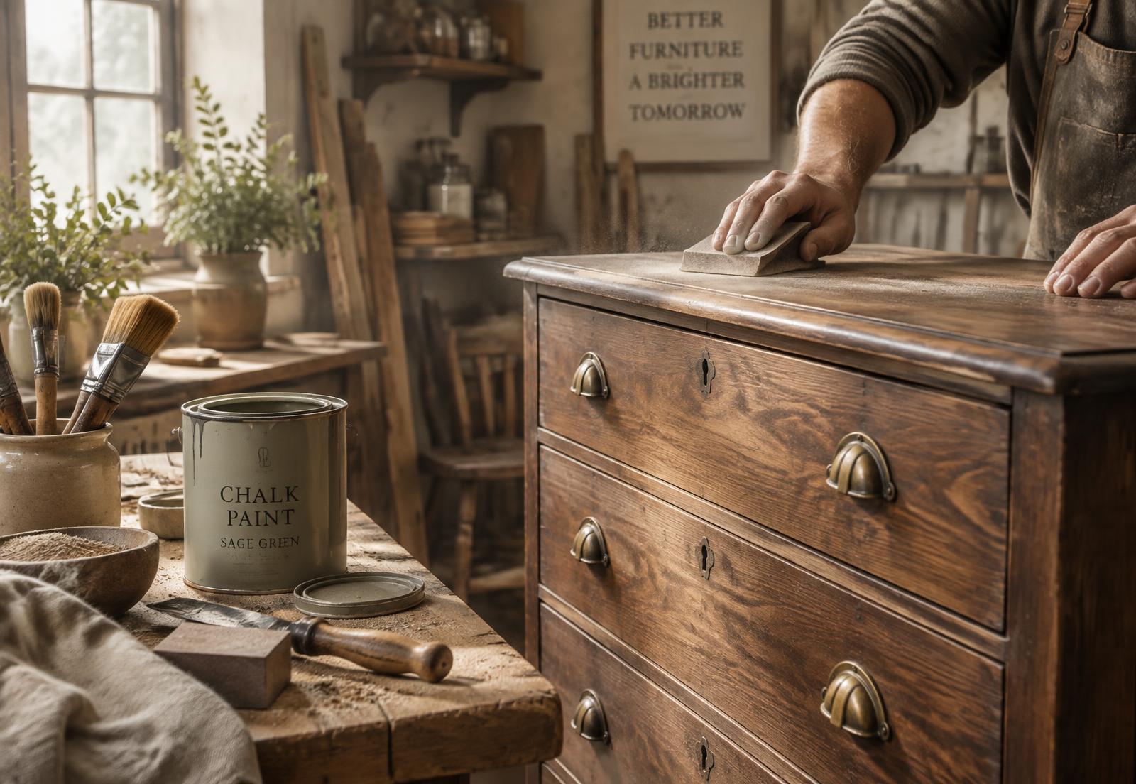 Artisan ponçant une commode en noyer dans son atelier